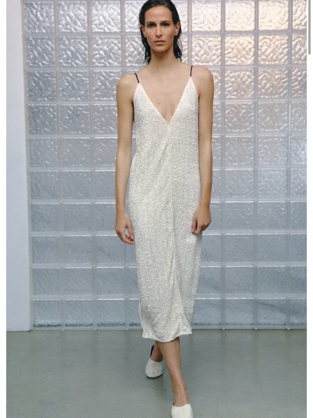 Zara Ivory Sparkle V-Neck Slip Dress with Thin Straps